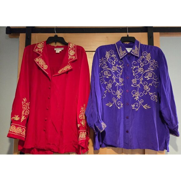 Vintage Lot of 5 Dian Von Furstenberg Size 1X Silk Button Embroidered Shirt - Picture 4 of 16